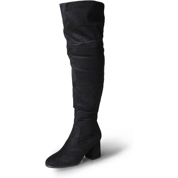 J.Adams Black Vegan Suede Over The Knee Trendy Low Block Heel Thigh High Boots - Picture 1 of 5